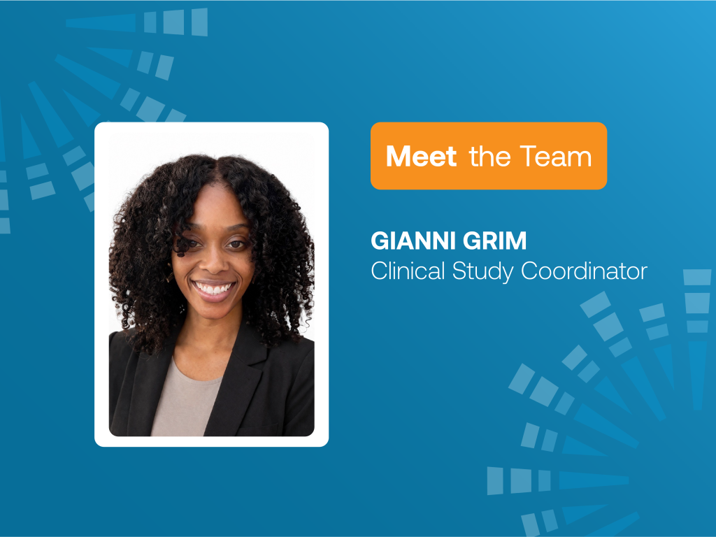 Meet the Team graphic featuring a professional headshot of Gianni Grim, Clinical Study Coordinator at Lightship, smiling and wearing a black blazer over a light gray top. The graphic has a blue background with orange and white branding elements.