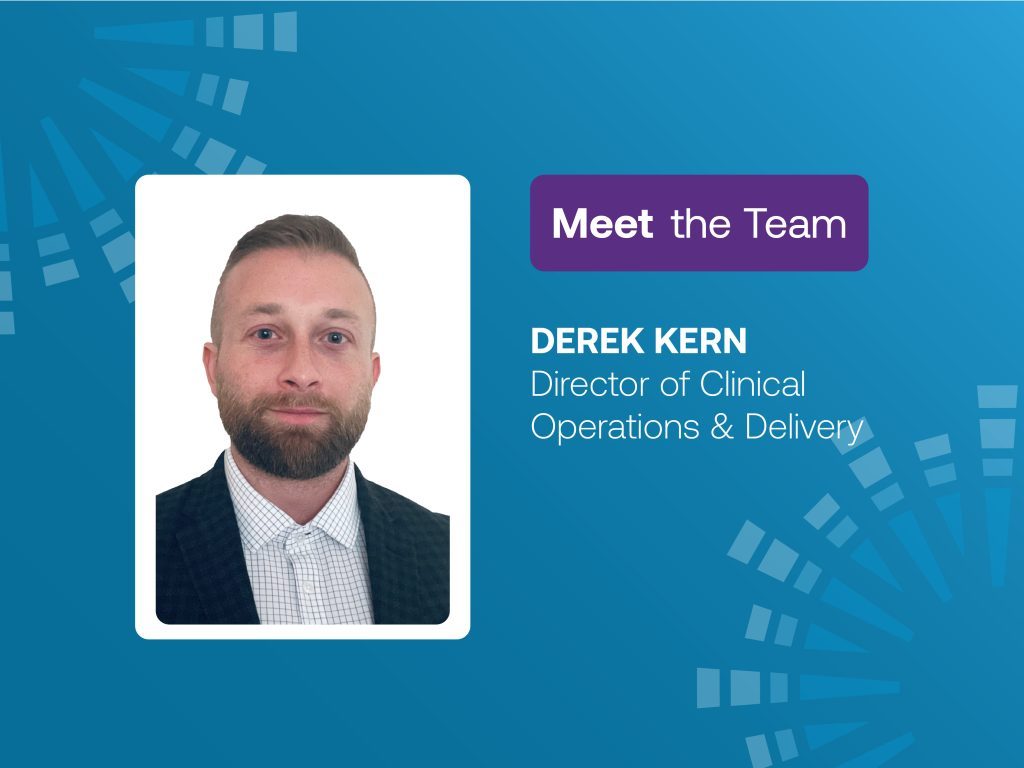 Meet the Team graphic featuring a professional headshot of Derek Kern, Director of Clinical Operations and Delivery at Lightship. The graphic has a blue background with purple and white branding elements.