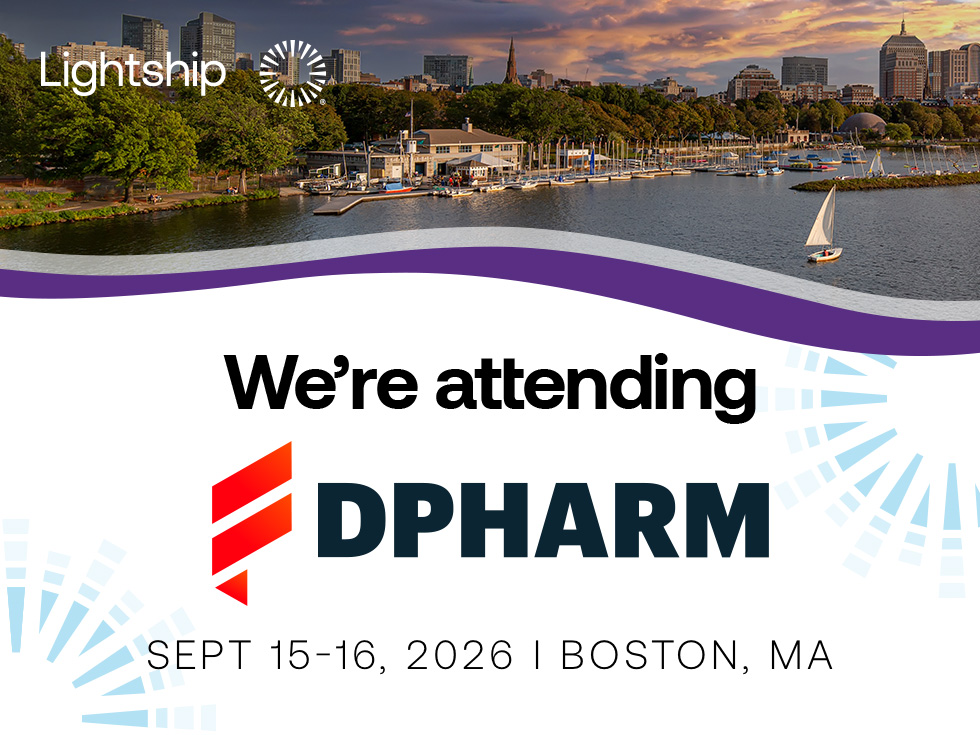 Lightship graphic announcing attendance at DPHARM 2026 in Boston, Massachusetts, with the Boston skyline and Charles River in the background.