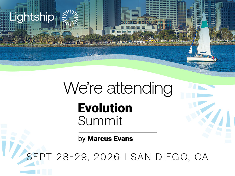 Alt text: Lightship graphic announcing attendance at the Evolution Summit in San Diego, September 28–29, 2026, featuring a San Diego waterfront skyline and sailboat.