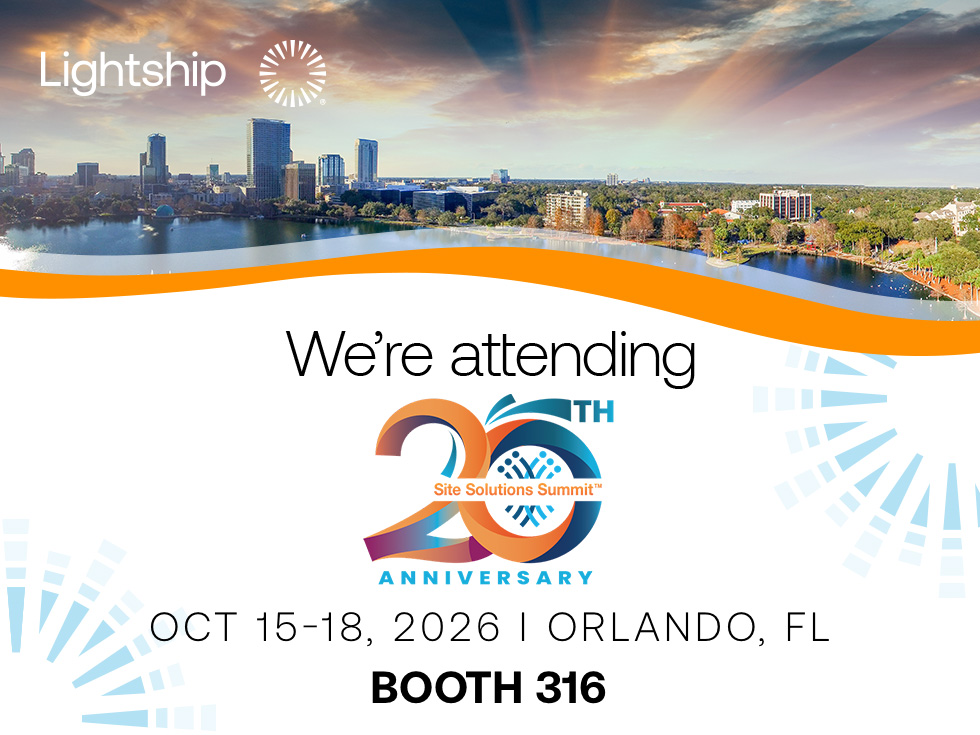 Lightship event graphic featuring an Orlando skyline and lake, announcing attendance at the 20th Annual SCRS Site Solutions Summit, October 15–18, 2026, in Orlando, Florida, at Booth 316.